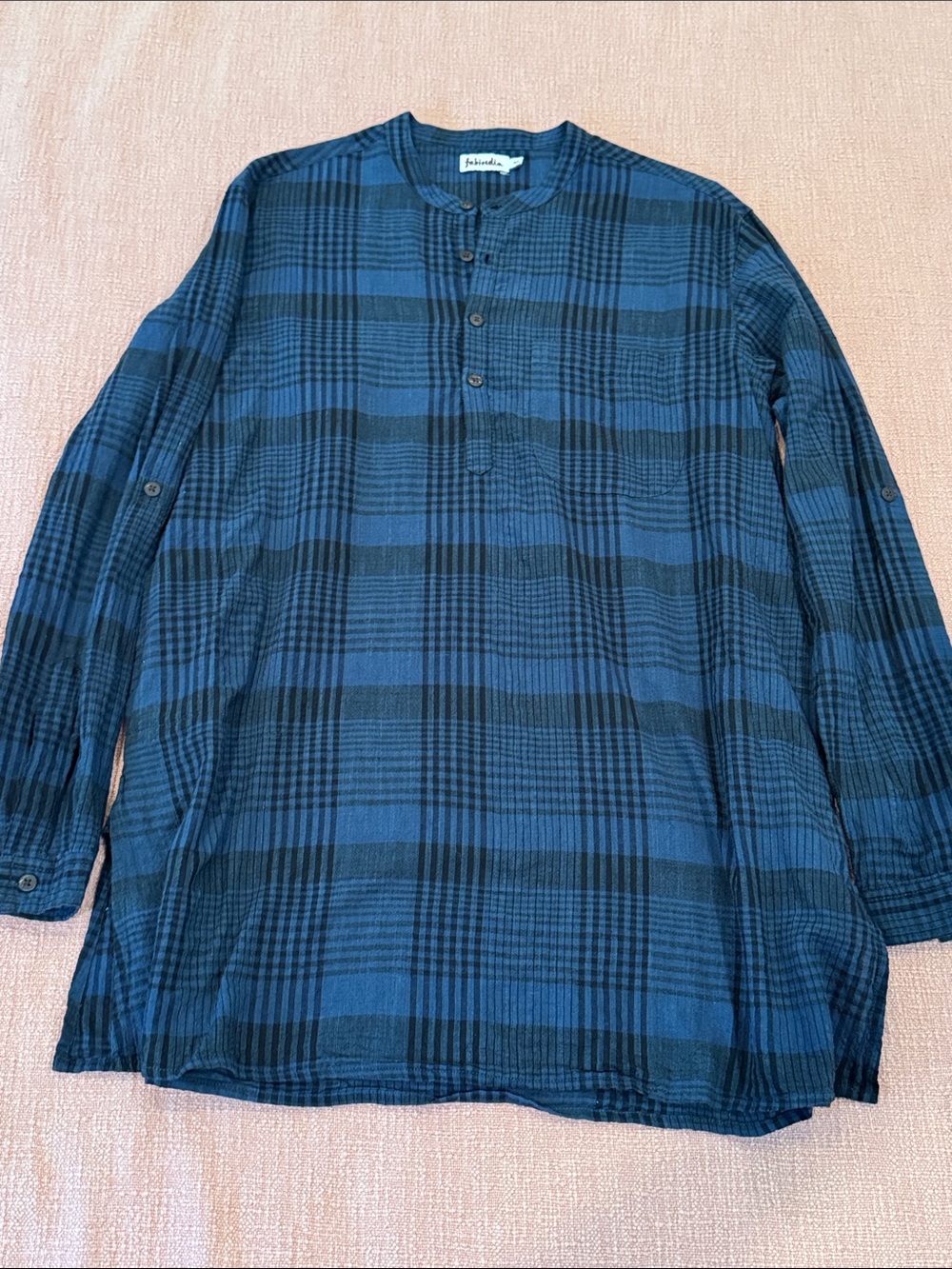 Indian cotton tunic long shirt Blue / Black Plaid Casual